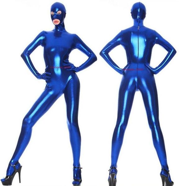 

blue shiny lycra metallic catsuit costume full outfit women men bodysuit costumes with open eyes mouth halloween party5142746, Black