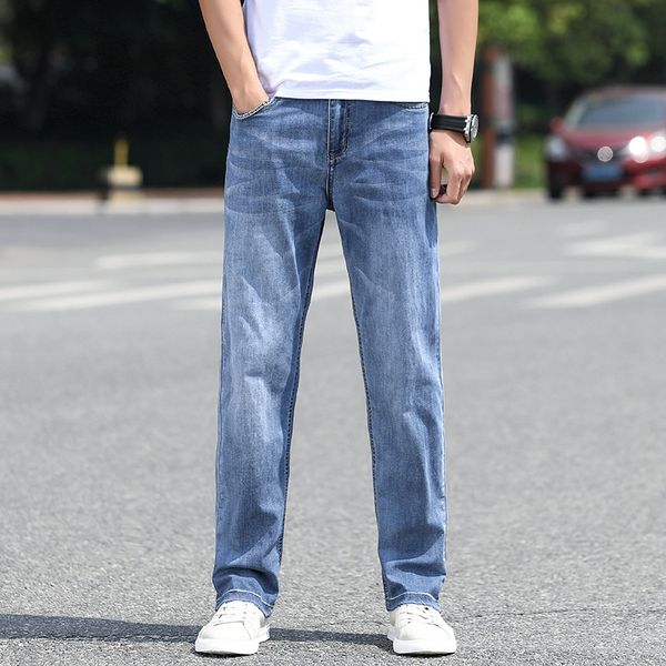 

thin jeans men 2023 summer loose straight leg casual plus size pants trend fat men business pants, Blue