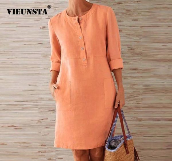 

daisy print autumn cotton linen 2020 new fashion button oneck knee party dress women long sleeve pocket dresses plus siz3964316, Black;gray