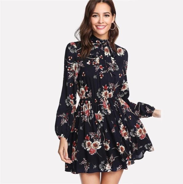 

2019 floral dress women long sleeve elegant womens dresses high waist a line woman dress tie neck fashion vestidos plus size7858527, Black;gray