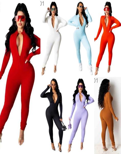 

fall women jumpsuits designer onesies slim solid zipper long sleeve fit leggings one piece pants rompers6383466, Black;white