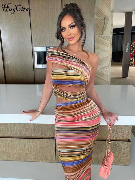 

urban dresses hugcitar colorful striped one shoulder hollow out slit bodycon maxi prom dress 2023 summer fashion party vacation clothes l230, White;black