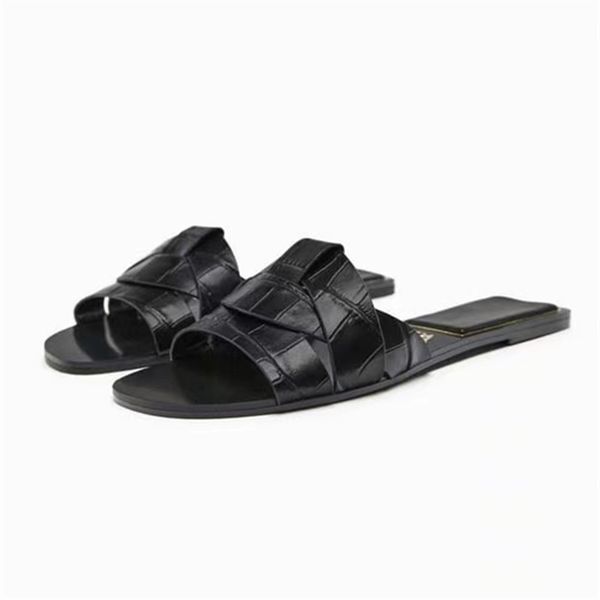 

slippers za womens flat leather summer flats sandals woman fashion comfort gold beach slides female slip on 2023 230710, Black