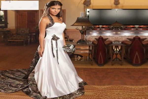 

2019 vintage camo wedding dresses sweetheart halter satin cowgirls camouflage wedding gowns bridal dresses gowns chapel train h0944741304, White