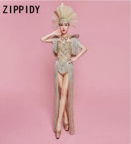 

fashion sparkly gold rhines long tassel bodysuit female singer nightclub bar team show outfit birthday party clothing9633585, Black;red