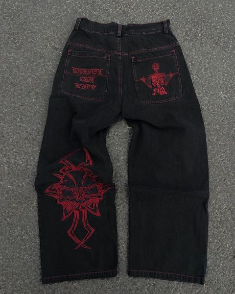

men's jeans y2k men's hip hop vintage skull embroidery bagged denim pants straight casual loose leg trouser streetwear 230710, Blue