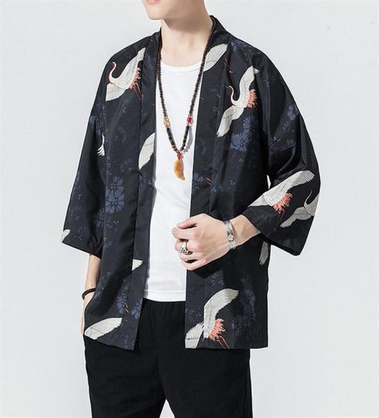 

crane robe japanese style kimono man loose sunscreen cardigan 4xl chinese element han fu kimono haori278h8070384, Black;brown