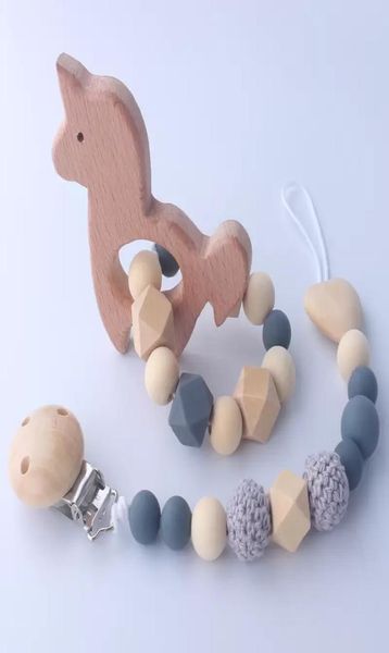 

natural wooden silicone baby teether organic wood bead pacifier clip crochet rattle teething ring sensory toy4389310