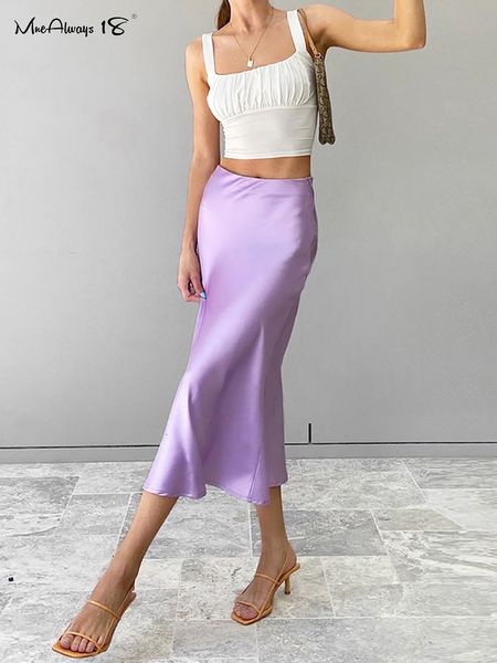 

skirts mnealways18 solid purple satin silk skirt women high waisted summer long 2023 elegant ladies office midi spring 230710, Black