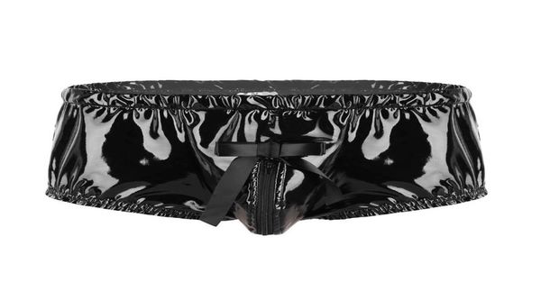 

underpants mens exotic lingerie patent leather underwear wet look zippered bulge pouch back frilly ruffled high cut low rise brief1518965, Black;white