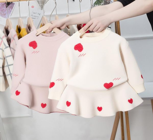

girls love hearts knitting sets spring children knitting cardiganpleated skirts 2pcs valentine039s day kids clothing a55676772887, White