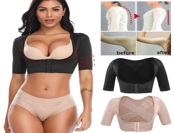

upper arm shaper humpback posture corrector arms shapewear back support women compression slimming sleeves slimmer corset 311006, Black;white