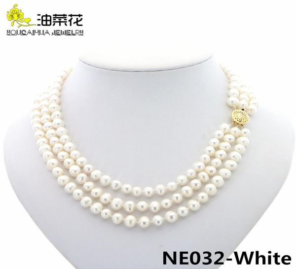 

fashion charm 3rows 78mm natural white akoya cultured pearls necklace jewelry gold button woman wedding christmas gift aaa 17198393324, Golden;silver