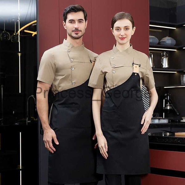 

others apparel men grey chef coat short sleeve chef jacket apron for summer head chef uniform restaurant l kitchen cooking clothes x0711, Black;white