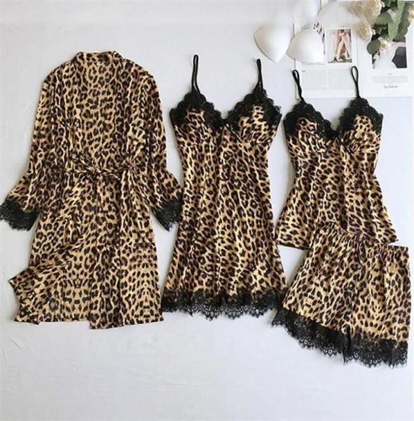 

leopard pajama set satin silk lace robes nightdress camisole shorts 4pc suit set bathrobe underwear sleepwear home wear y20042467835, Black;red