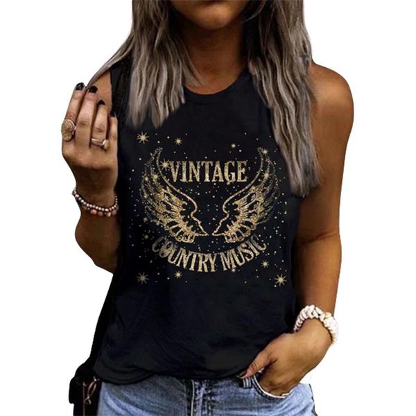 

raincoats vintage country music tank for women funny letter wings print sleeveless shirts causal loose fit summer tee streetwear, Black