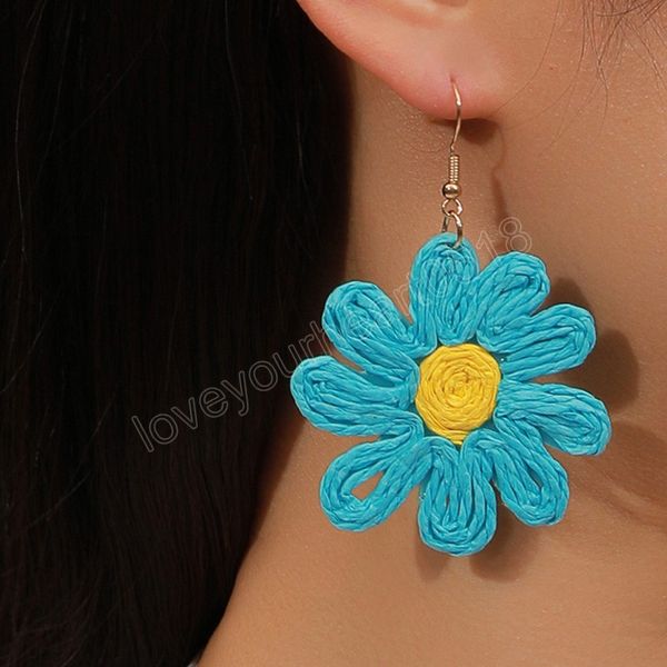 

summer beach bohemia flower raffia earrings women boho handmade rattan weave drop dangle earrings holiday jewelry, Silver
