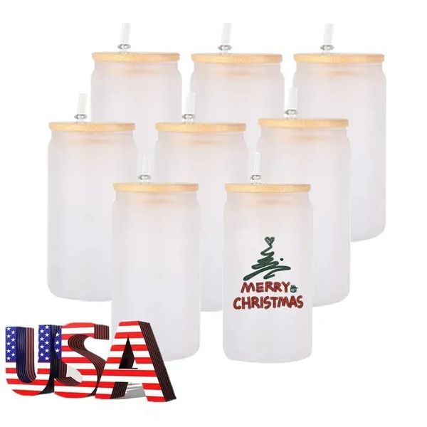 

us stock 12oz 16 oz sublimation glass beer mugs with bamboo lid straw tumblers diy blanks frosted clear can cups heat transfer cocktail iced