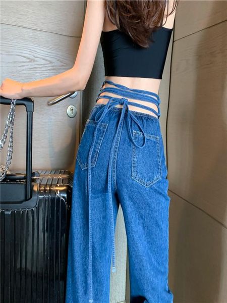 

loose straight high waist streetwear laceup wrap string bow denim pant women fashion simple casual jeans summer trouser6291032, Blue