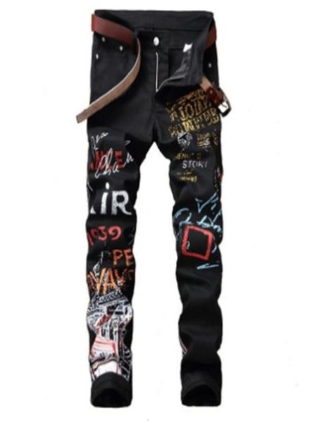 

men039s jeans fashion printed men graffiti streetwear harajuku hip hop denim pants black white elastic slim pencil trousers mal6293191, Blue