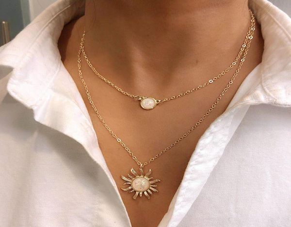 

bohemian multilayer sun flower pendant necklace women fashion opal locket clavicle chain choker alloy jewelry gift4540109, Silver