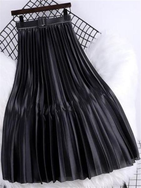 

dresses stain women's pleated skirts with belted solid high waist casual vintage midcalf umbrella skirts female spring summer, Black;gray