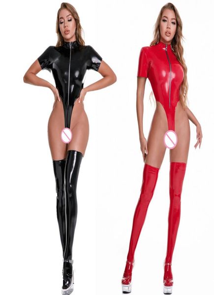 

catsuit costumeswomen wetlook faux leather catsuit sexi bodysuit front zipper high cut leotard clubwear fetish erotic pole da8784389, Black