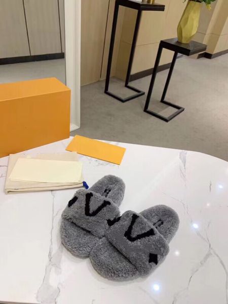 

designer luxury womens slippers ladies winter wool slides fur fluffy furry warm letters sandals comfortable fuzzy girl flip flop slipper 35-, Black