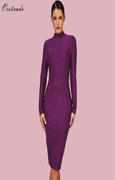 

ocstrade womens christmas party 2019 winter vestido new bandage dresses high neck purple rayon bandage dress long sleeve t5195303774, Black;pink