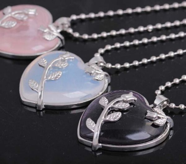 

natural stone necklace long chain necklace copper real love heart gem jewellery rose flower leaf pendant necklace7503929, Silver