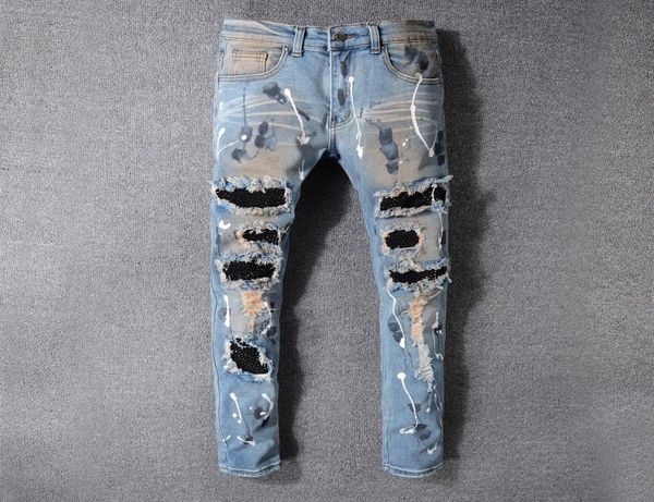 

fashion22 designs brand ami jeans clothing designer pants off road panther blac mens slim denim straight biker hole hip hop jeans1185964, Blue