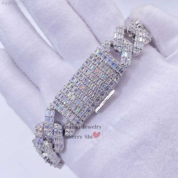 

15mm vvs baguette cut moissanite diamond hip hop men silver iced out cuban bracelet