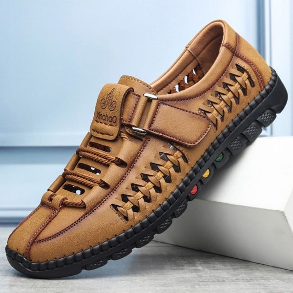 

sandals summer men sandals leisure breathable comfort mens beach shoes fashion solid hand sewn male flat casual leather sandals 230710, Black