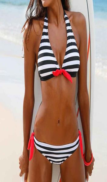 

halter straps swimsuit zebra striped swimwear soft padded wire bikini set side tie bathing suits for women summer bather8746508, White;black