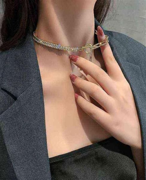 

pendant necklaces ice rectangle cubic zirconia cz tennis chain half open link toggle clasp new fashion women choker necklace 220211333048, Silver