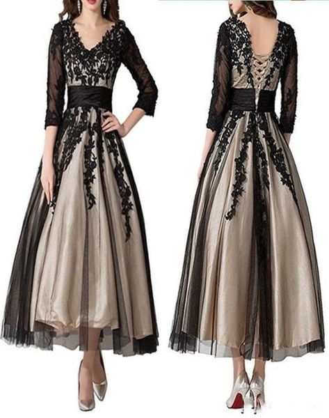 

2020 elegant mother of the bride dresses 34 long sleeves ankle length v neck lace appliques wedding party dresses evening gowns2300669, Black;red