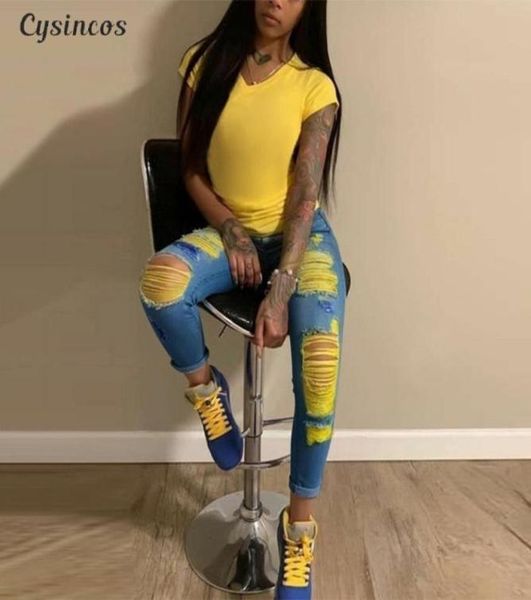 

cysincos ripped jeans for women denim pencil pants high waist stretch skinny boyfriend jeans torn jeggings plus size3168439, Blue