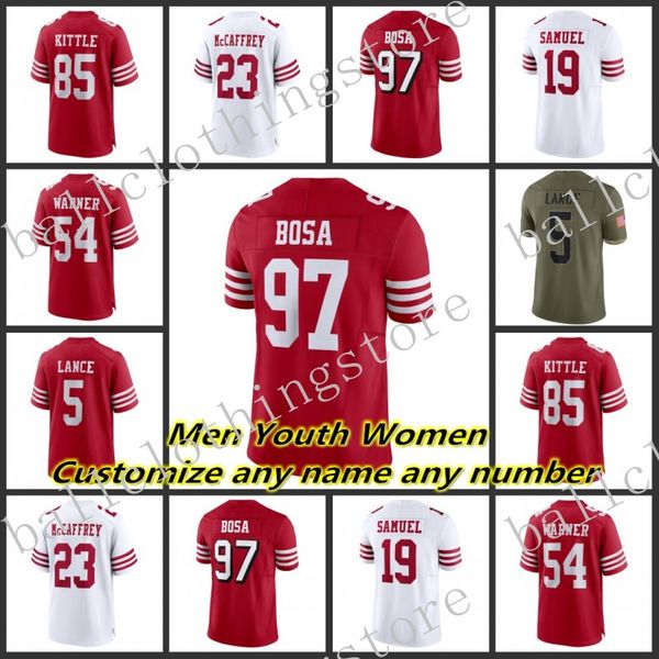 

4.9 custom women youth mens american football jerseys 5 lance 85 kittle 97 bosa 10 garoppolo 19 samuel 31 mostert 25 mitchell 13 purdy sport, Black;red