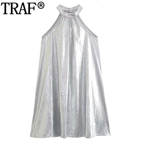 

basic casual dresses traf 2023 glitter halter dress woman off shoulder mini for women sleeveless pleated female summer beach 230710, Black;gray