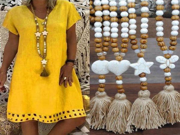 

womens boheimian fashion long chain wood beads tassel necklace butterfly heart star cross turquoise stone bead jewelry3131230, Silver