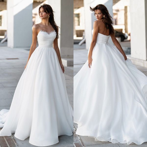 

a line wedding dresses for bride sheer neck pearls sequins sweetheart wedding dress backless long designer bridal gowns sweep train, White