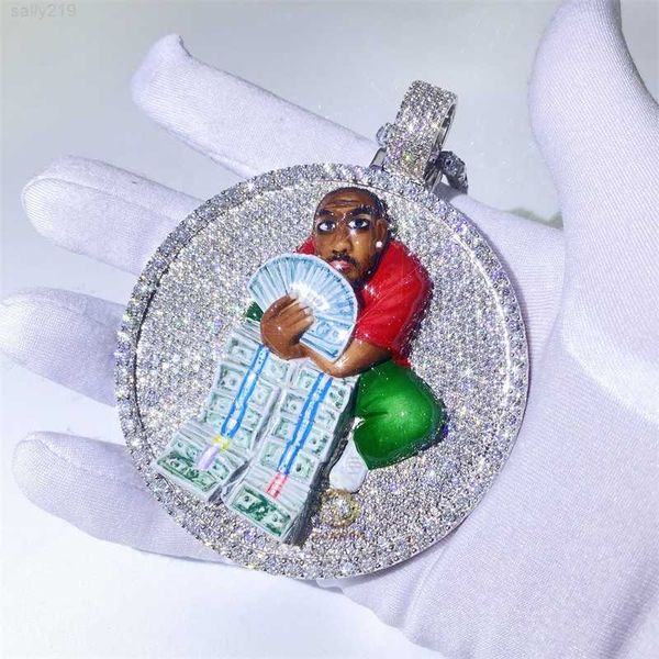 

vvs moissanite iced out border round medallion memorial picture enamel p frame pendant, Silver
