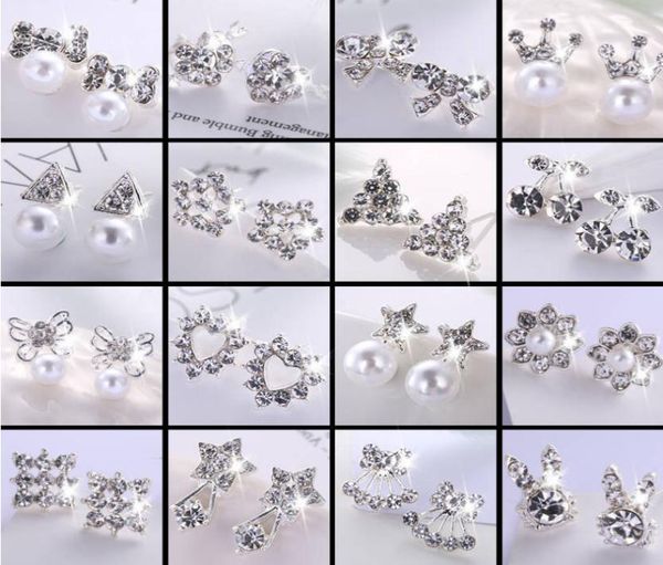 

50pcslot pearl diamond silver color heart love earrings back ear studs for women fashion jewelry mix style whole2692161, White