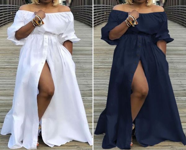 

high split maxi dress celmia women off shoulder long dress casual loose solid plus size summer high waist buttons sundress y07486501, Black;gray