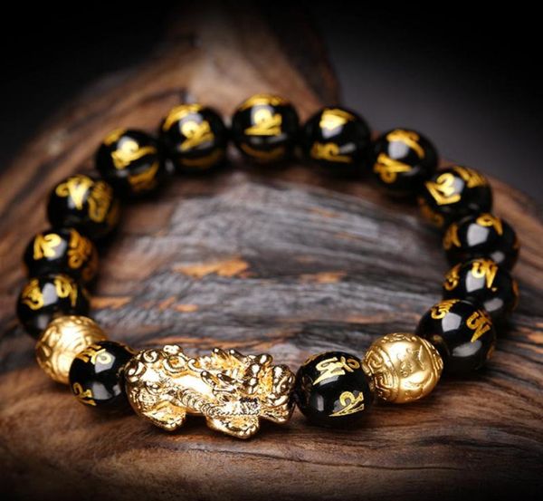 

women men feng shui black obsidian wealth bracelet with golden pixiu lucky wealthy amulet bracelet gifts for women men2632697
