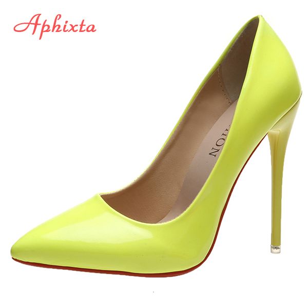 

dress shoes aphixta 2023 spring super high 12cm stiletto heels pump pointed toe florescence patent leather office thin heel 230710, Black