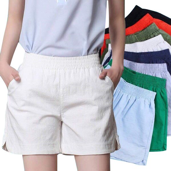 

women's shorts plus size 4xl summer women cotton linen elastic high waist candy color wide leg 230710, White;black