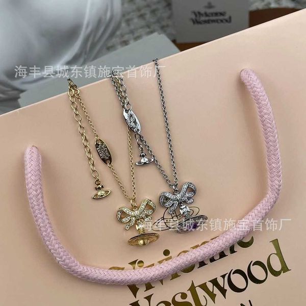 

23p new western empress dowager vivian with full of diamonds 3d saturn ball bow necklace collar chain female, Silver