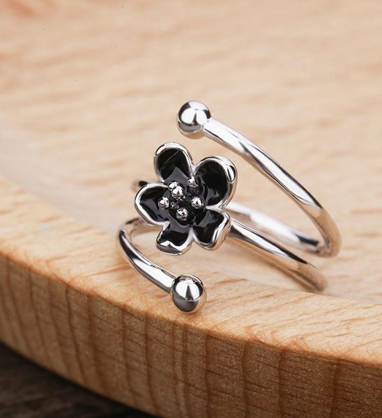 

925 silver black flower adjustable rings for women fashion charm gift wedding jewelry4416407
