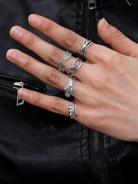 

fashionable and popular 5pcs men wing decor cuff ring stainless steel for jewelry gift and for a stylish look, Silver